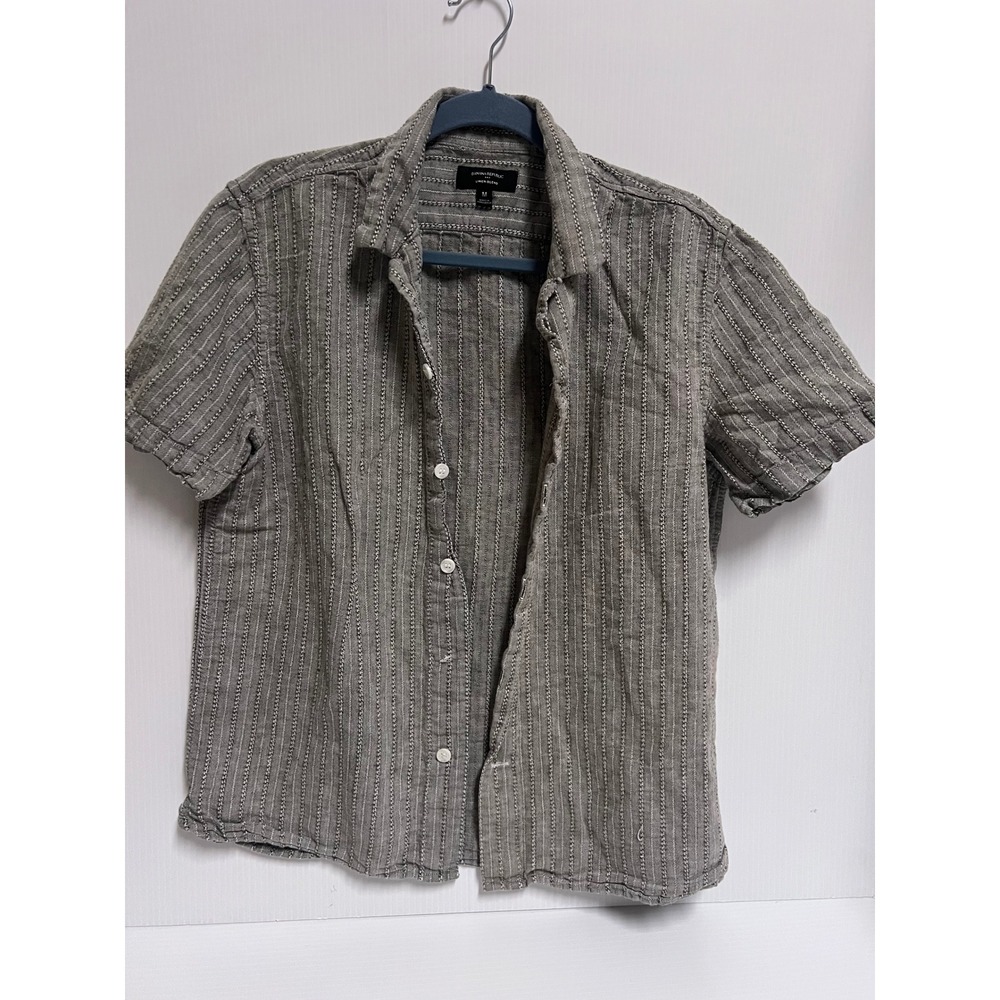 Banana Republic Mens Medium Grey Striped Linen Blend Short Sleeve Button Down